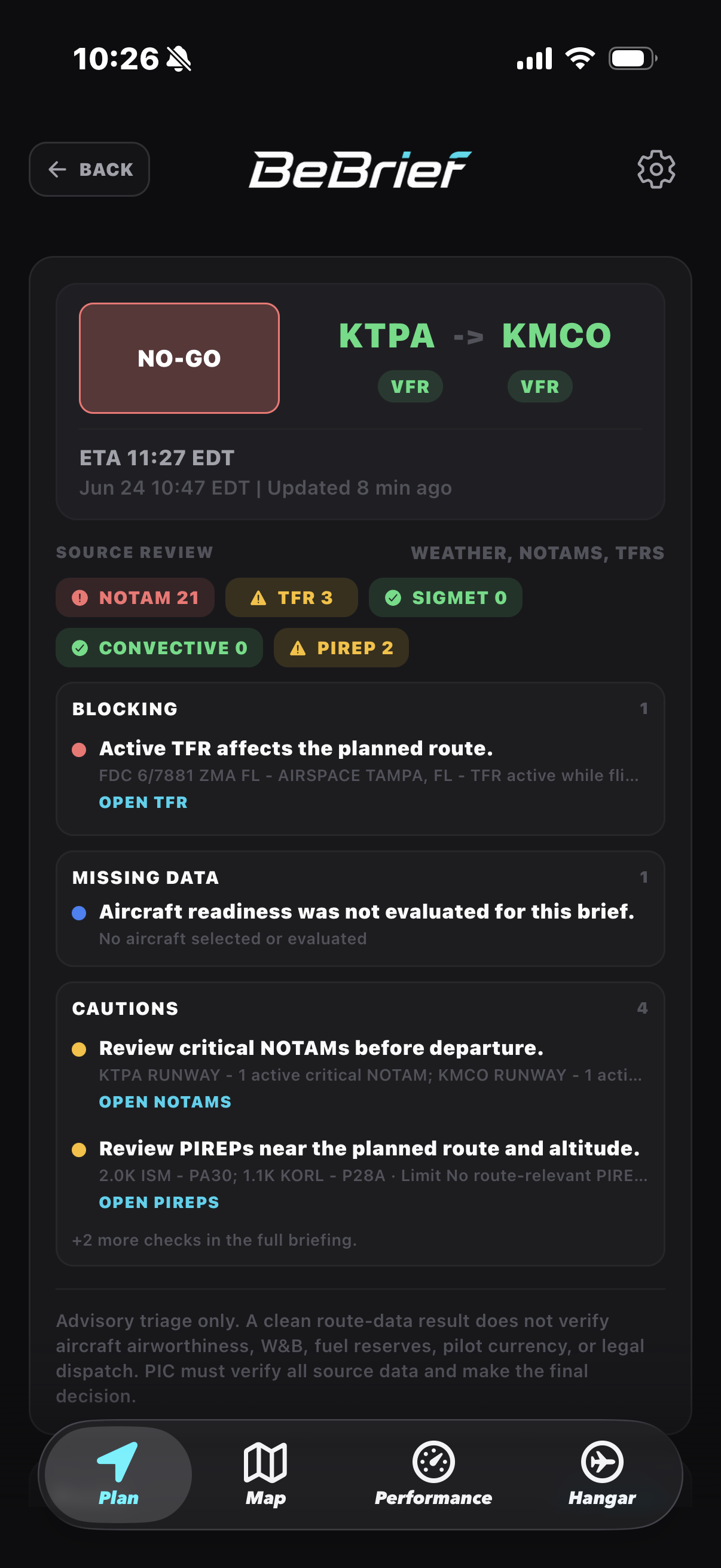 BeBrief advisory route risk review screen