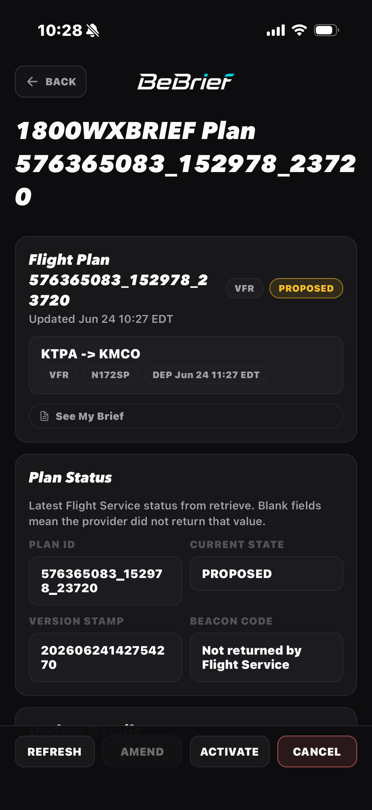 BeBrief filed flight-plan lifecycle screen
