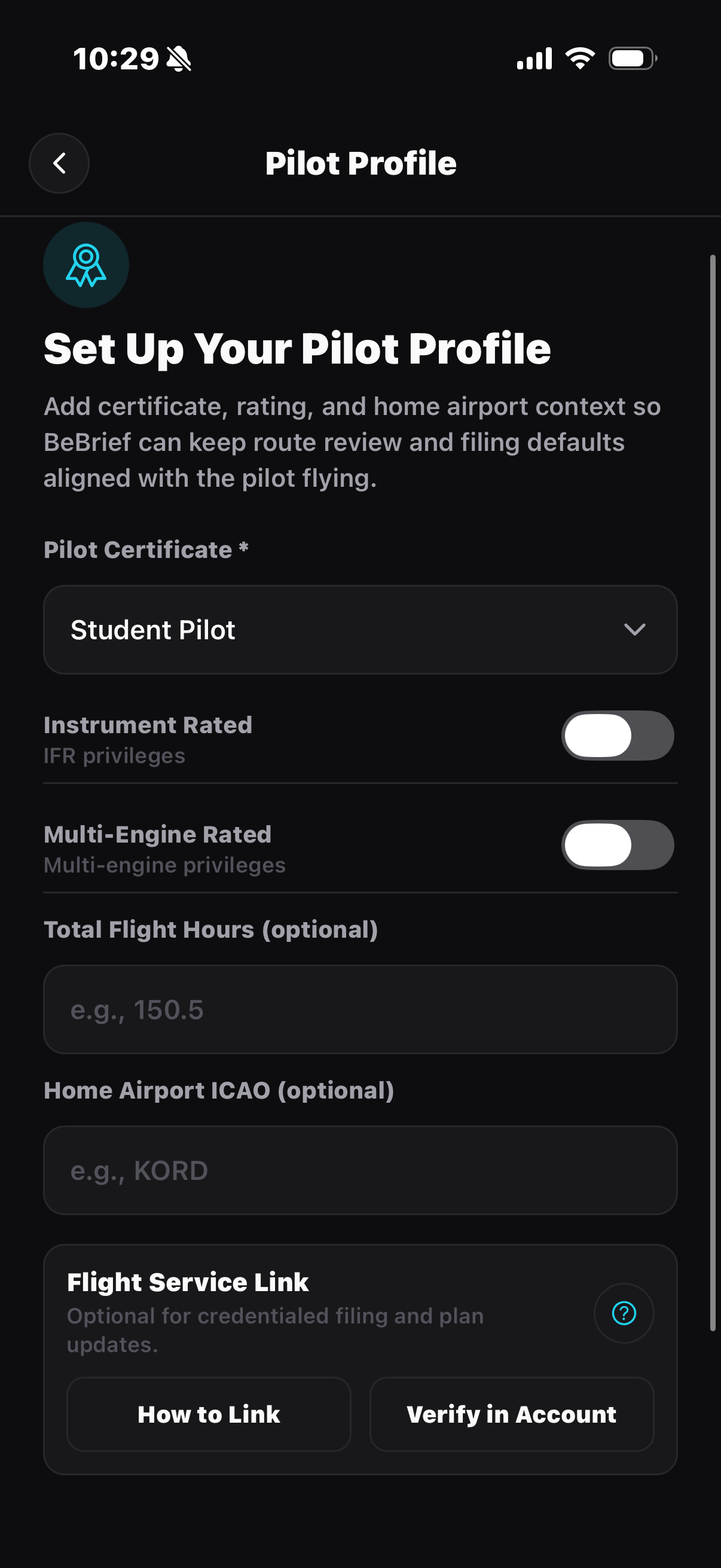 BeBrief pilot profile setup screen