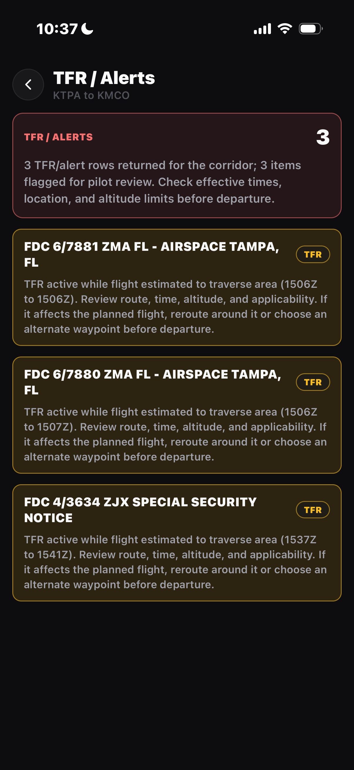 BeBrief TFR and alerts detail screen