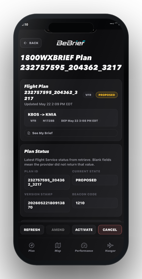 BeBrief filed plan screen